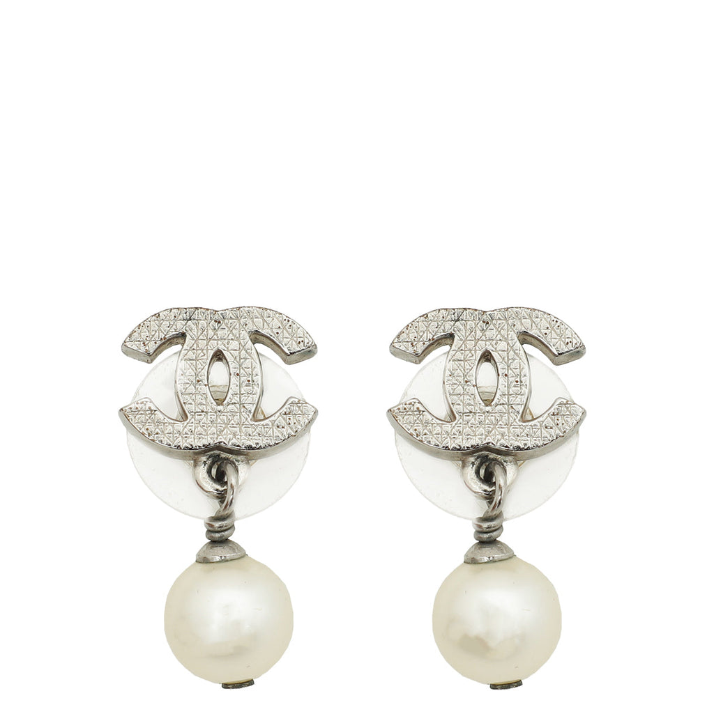 Chanel White CC Pearl Drop Small Earrings