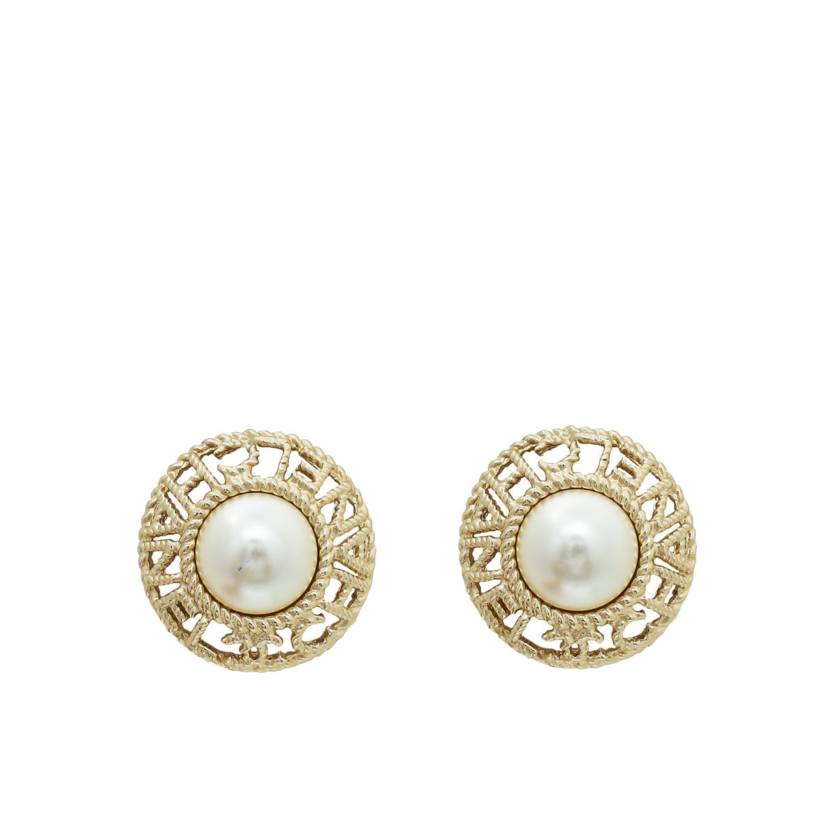 Chanel White Logo Pearl Round Earrings
