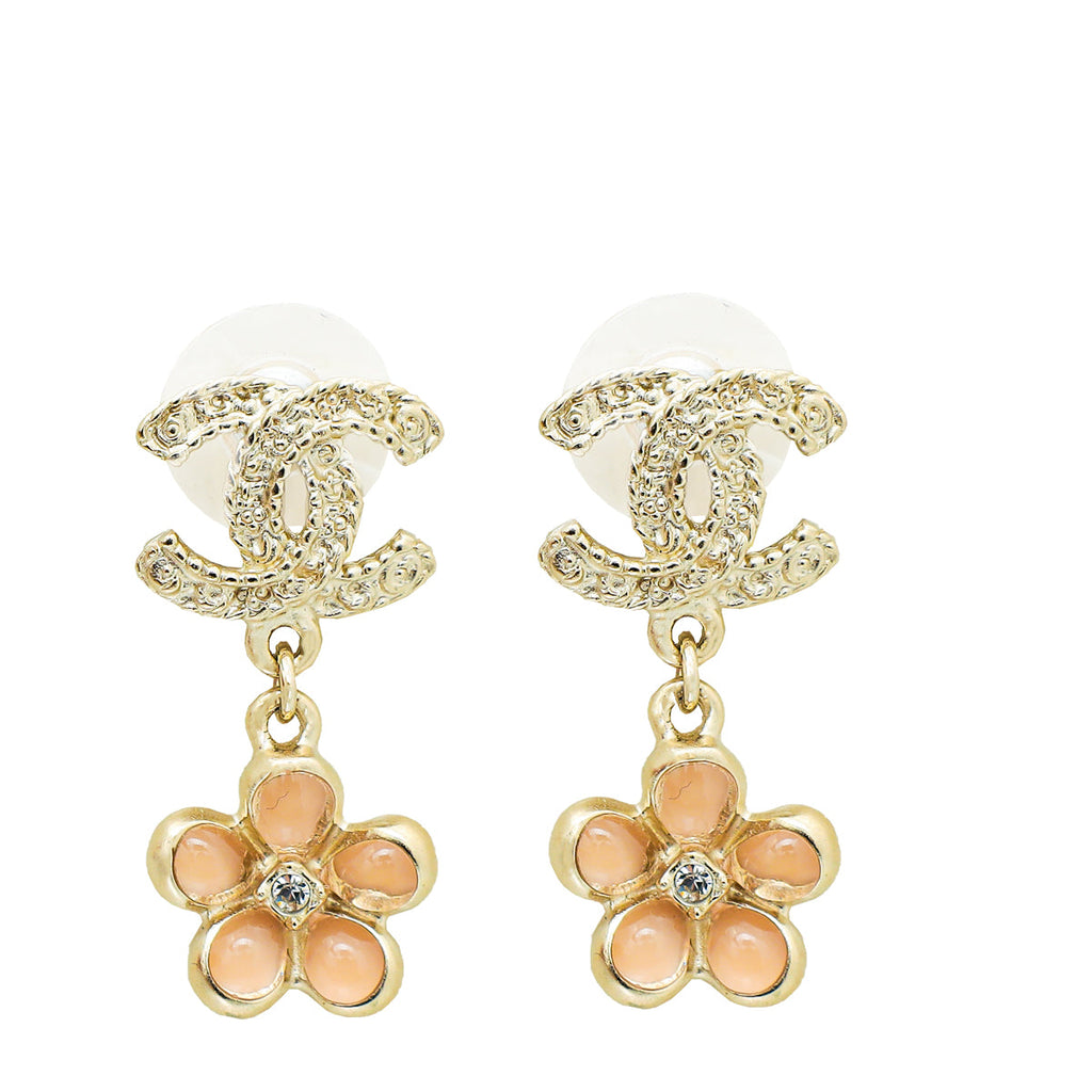 Chanel Light Gold CC Flower Drop Earrings