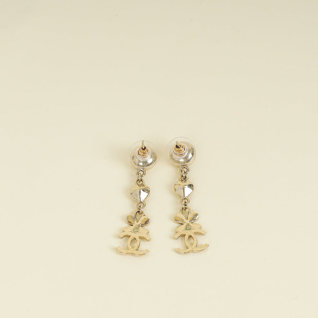 Chanel White CC Swing Drop Clover Earrings