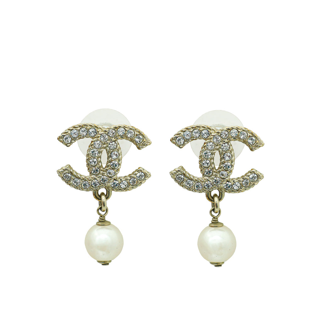 Chanel White CC Crystal Pearl Drop Earring