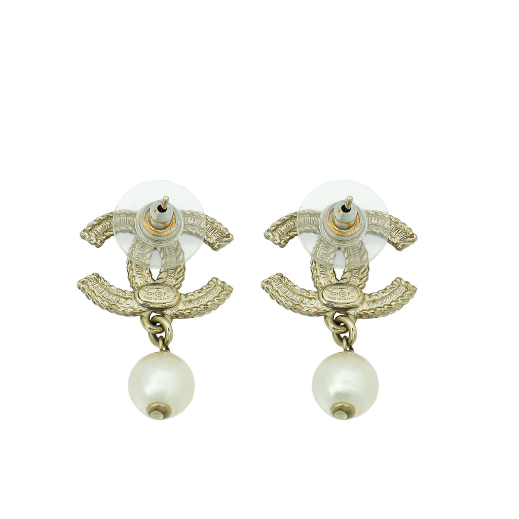 Chanel White CC Crystal Pearl Drop Earring