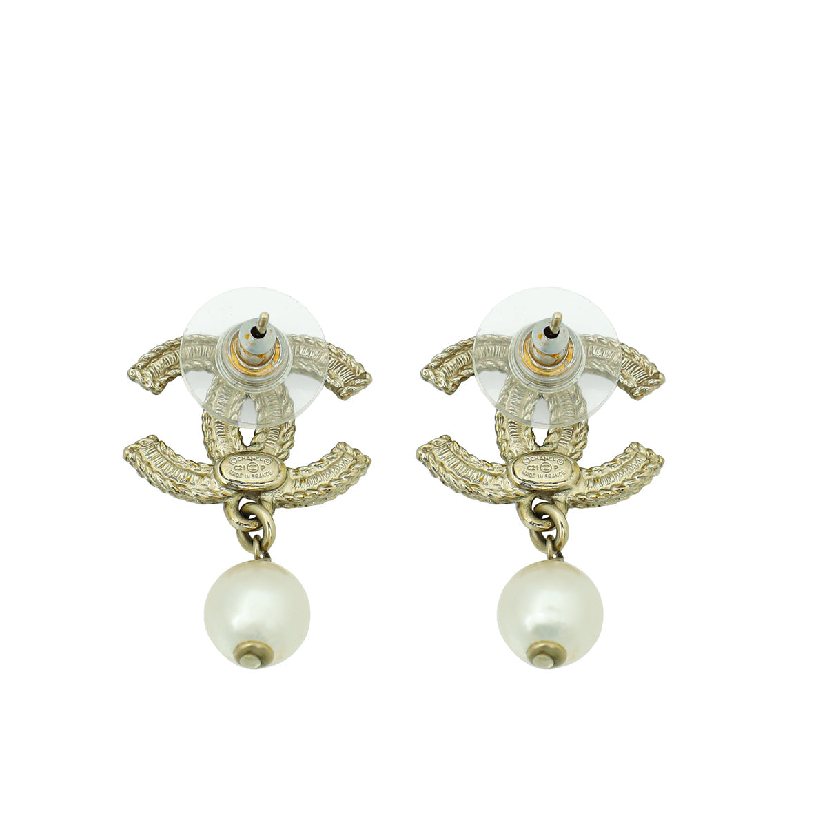 Chanel White CC Crystal Pearl Drop Earring
