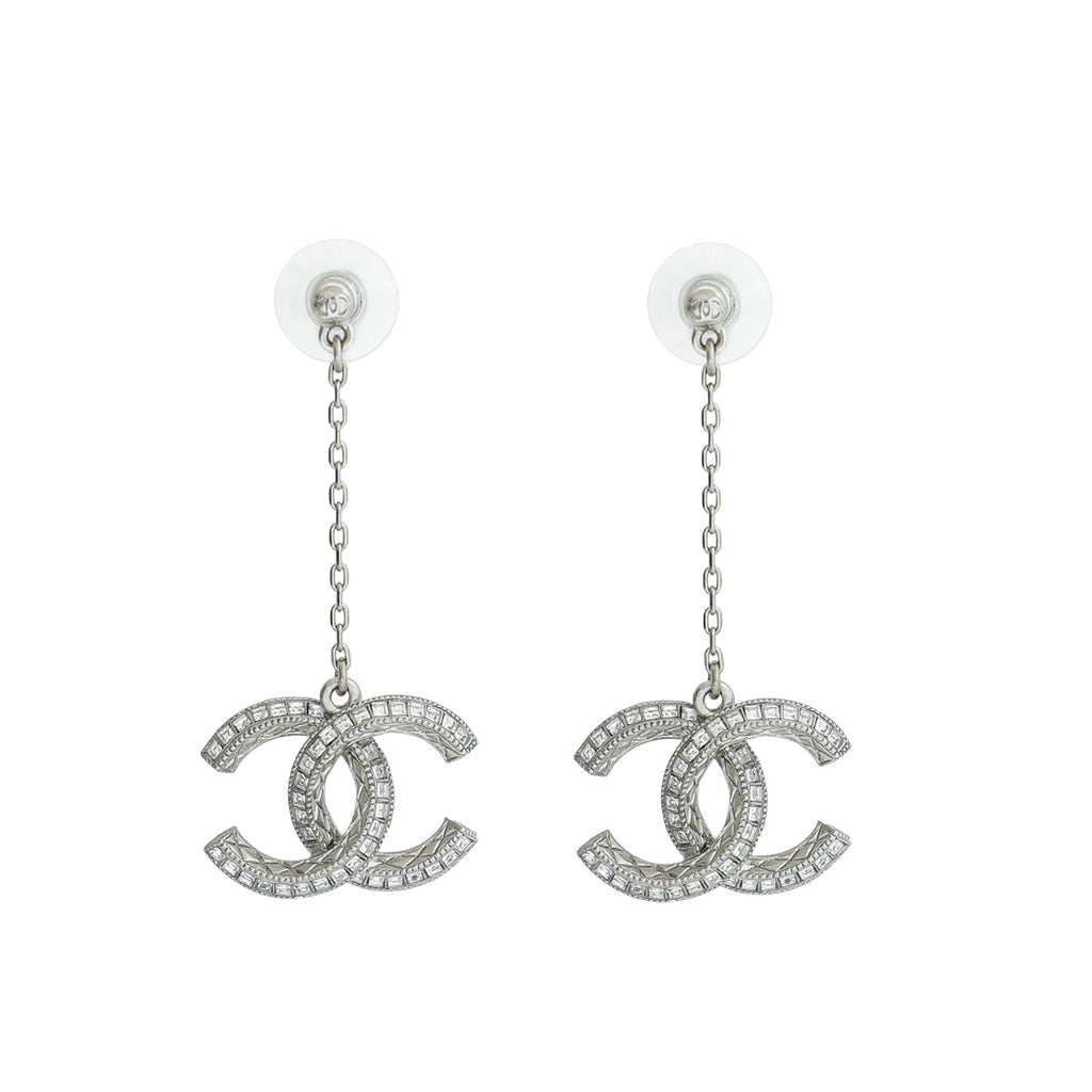 Chanel Silver CC Crystal Drop Chain Earrings