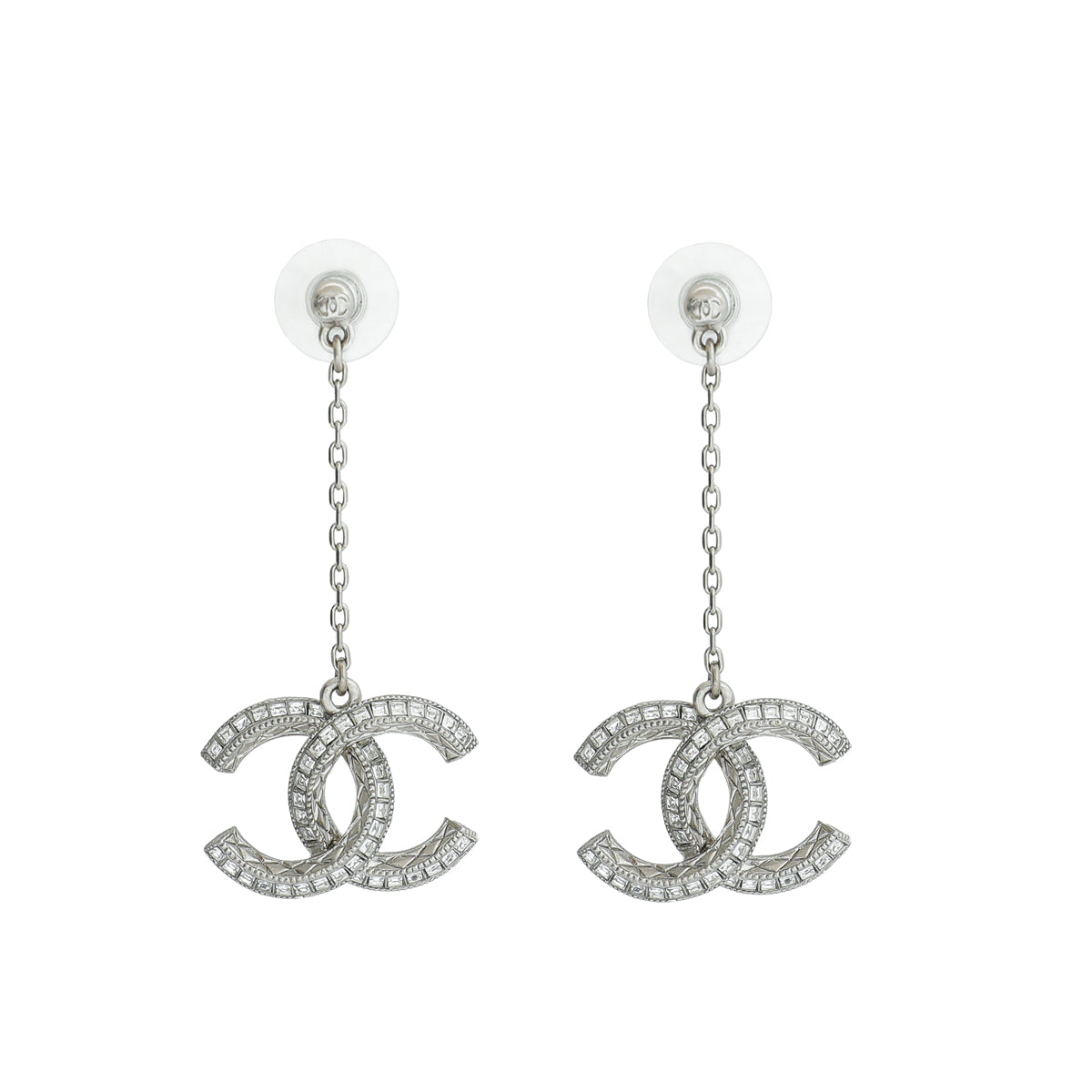 Chanel Silver CC Crystal Drop Chain Earrings