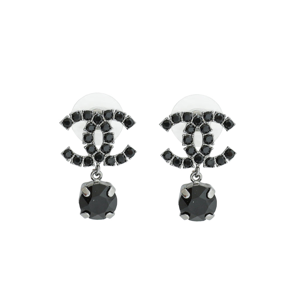 Chanel Black CC Crystal Drop Pearl Earrings