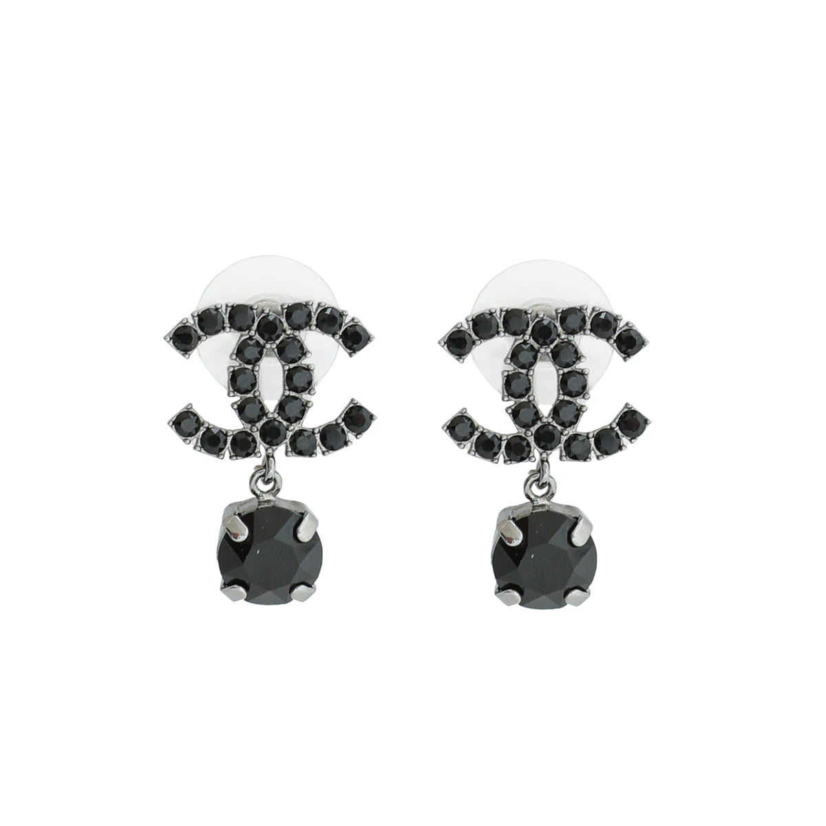 Chanel Black CC Crystal Drop Pearl Earrings