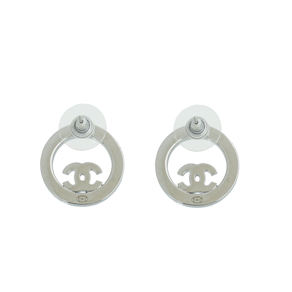 Chanel Silver CC Crystal Round Earrings
