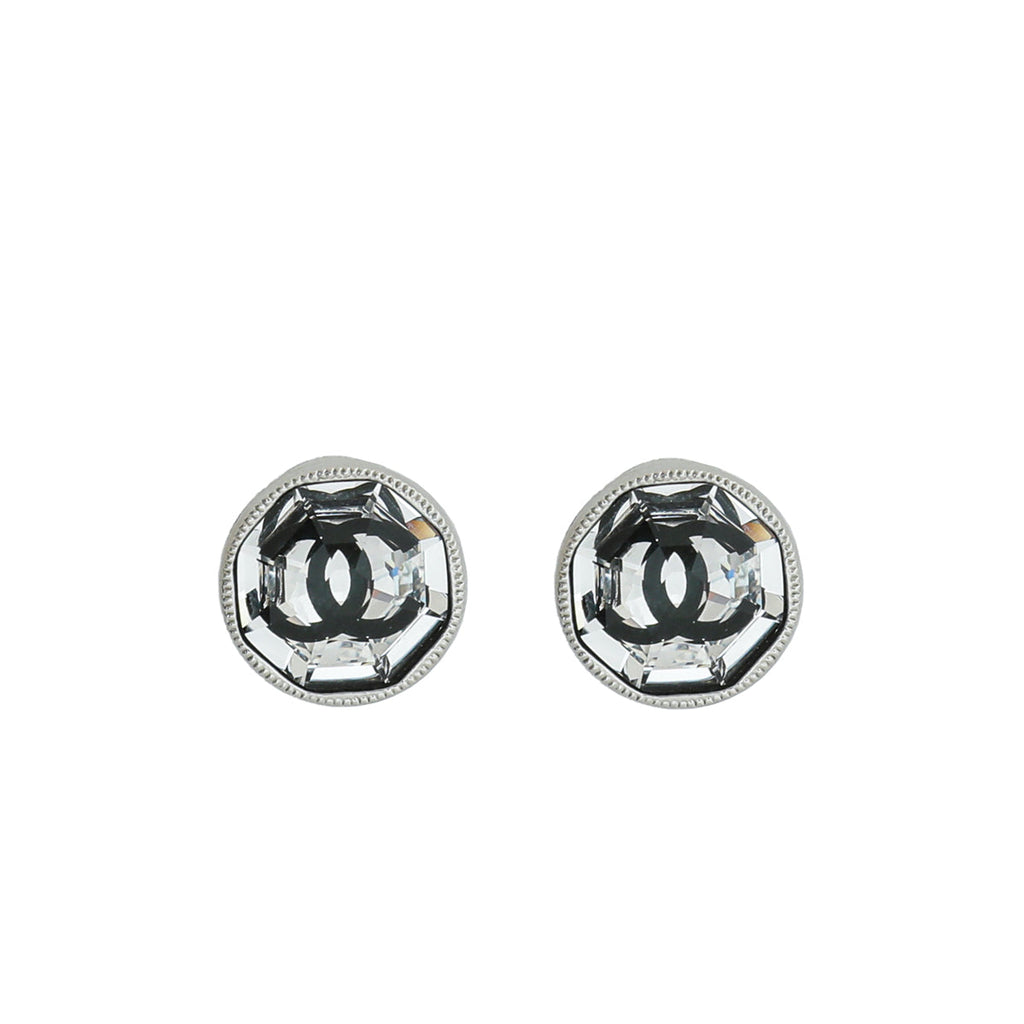 Chanel Silver CC Botton Crystal Earrings