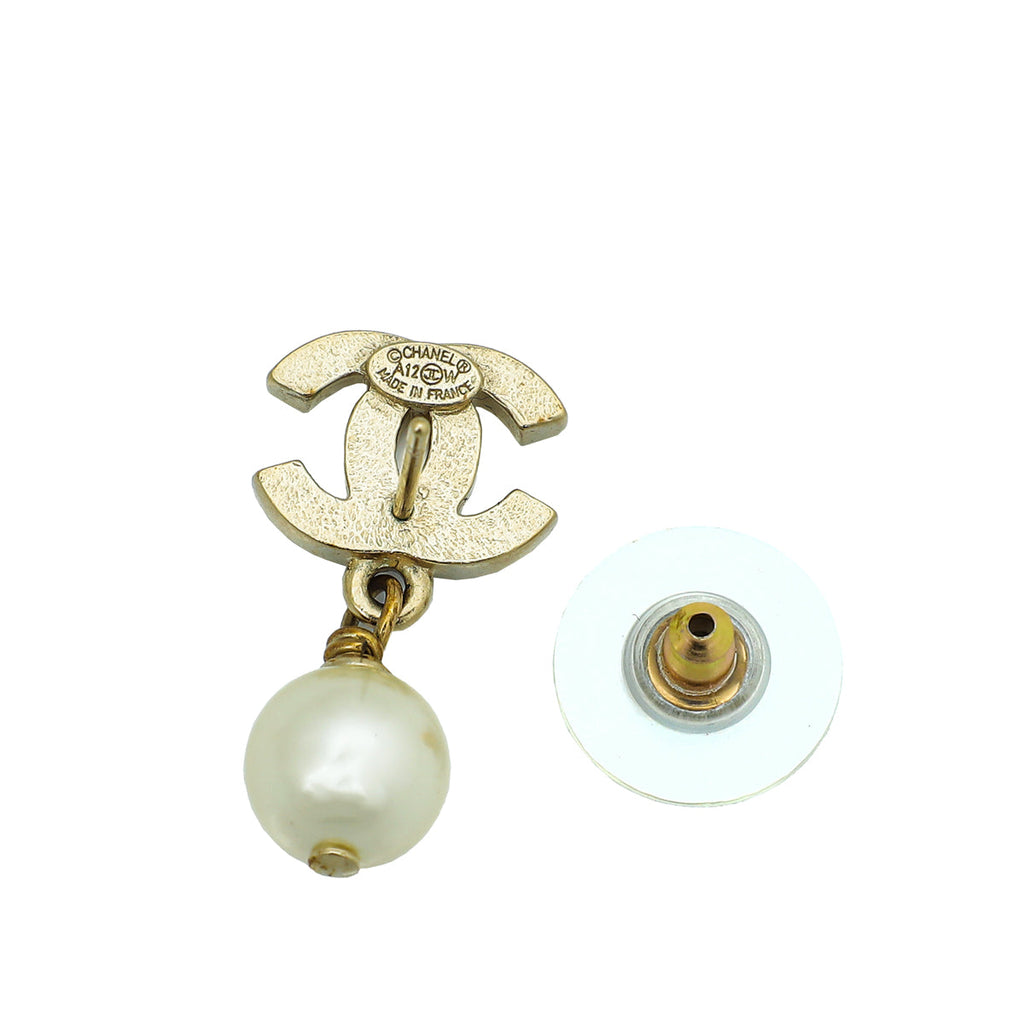 Chanel Ivory CC Faux Pearl Stud Drop Earrings