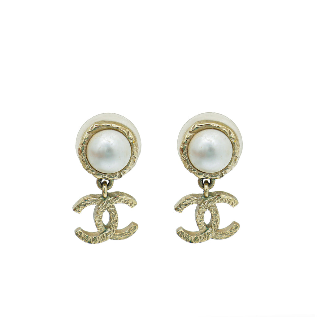 Chanel White CC Faux Pearl Drop Stud Earrings