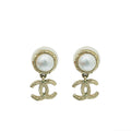 Chanel White CC Faux Pearl Drop Stud Earrings