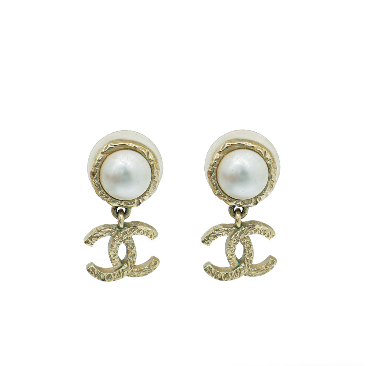 Chanel White CC Faux Pearl Drop Stud Earrings