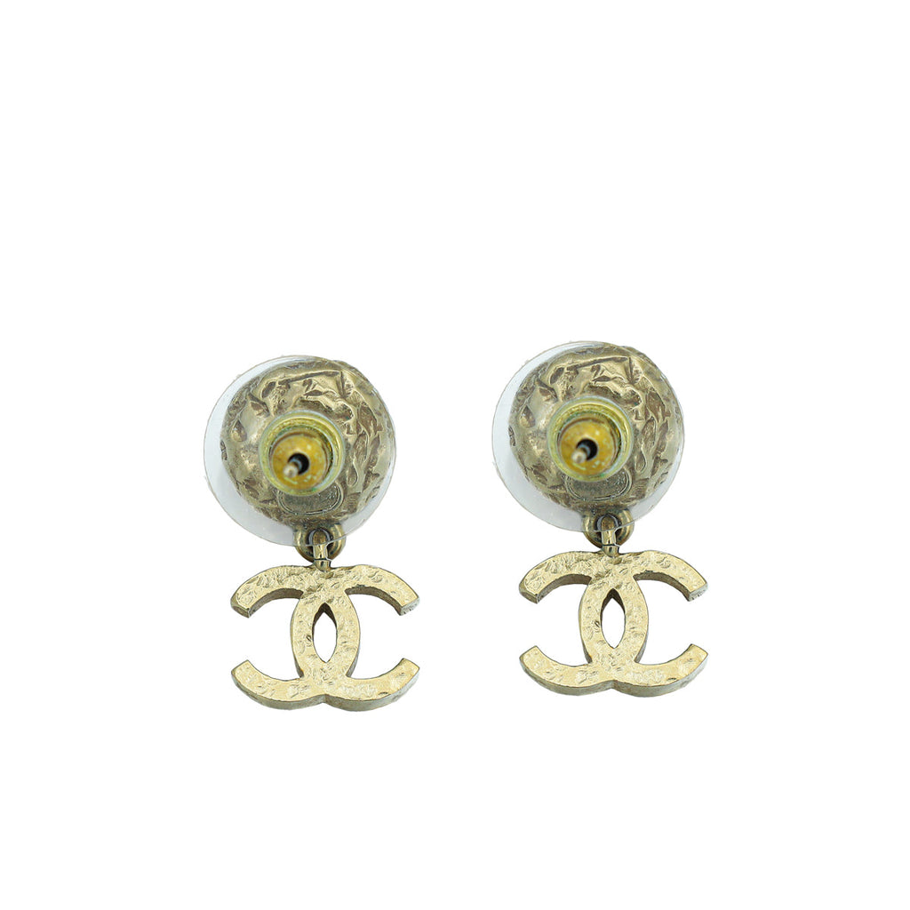 Chanel White CC Faux Pearl Drop Stud Earrings