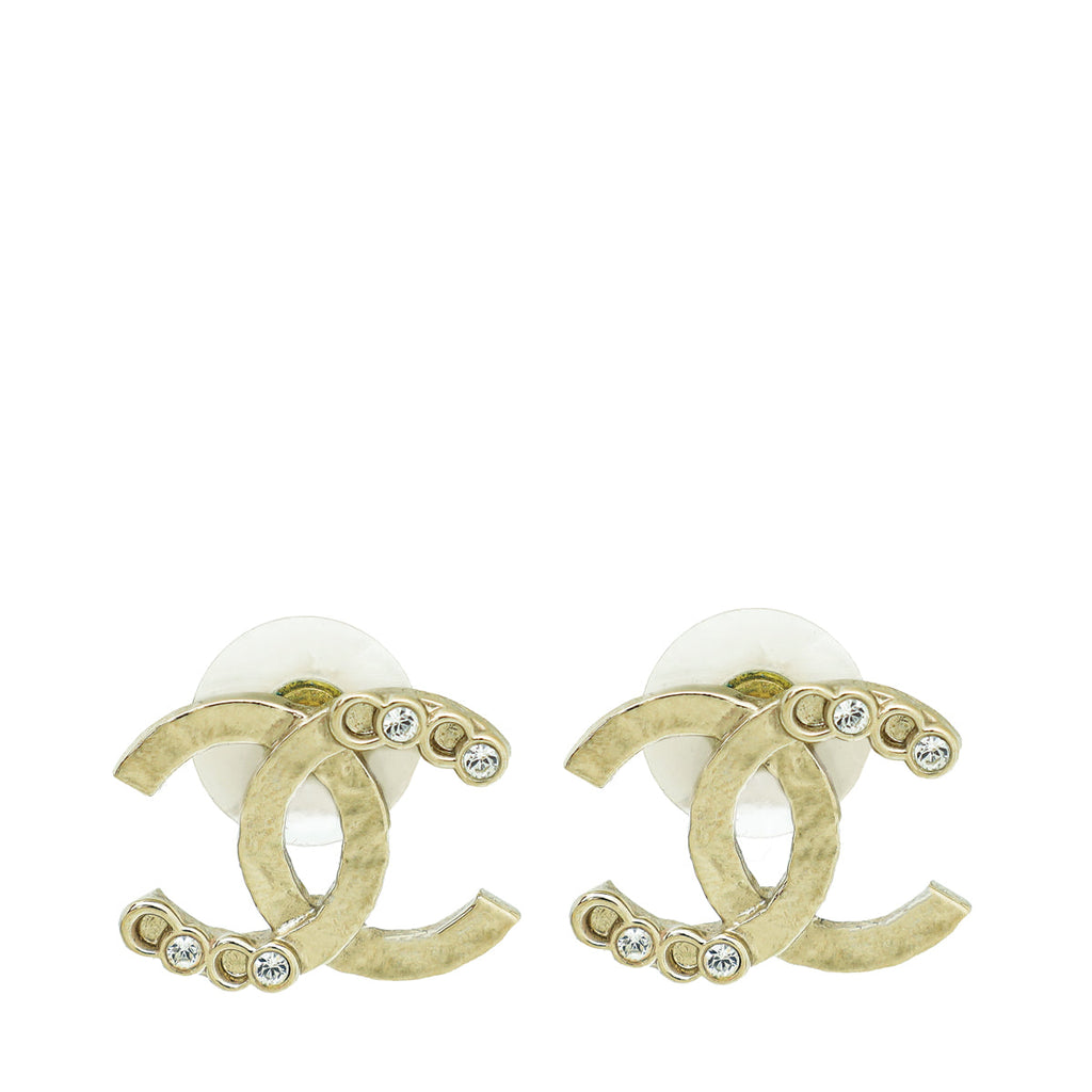Chanel Shiny Light Gold Finish CC w/Crystal Stud Earrings