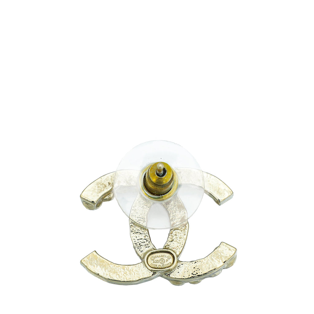 Chanel Shiny Light Gold Finish CC w/Crystal Stud Earrings