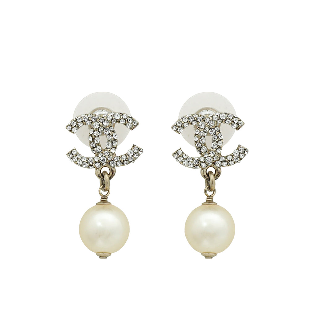 Chanel Gold CC Crystal Pearl Drop Earrings