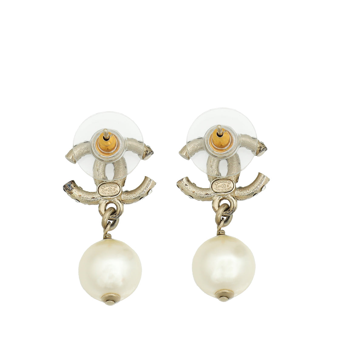 Chanel Gold CC Crystal Pearl Drop Earrings