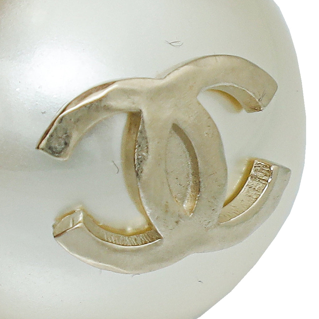 Chanel White CC Pearl Dangle Drop Earrings