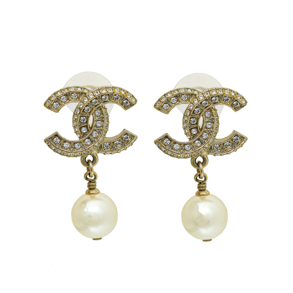 Chanel White CC Crystal Pearl Drop Earrings