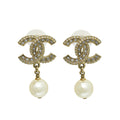 Chanel White CC Crystal Pearl Drop Earrings