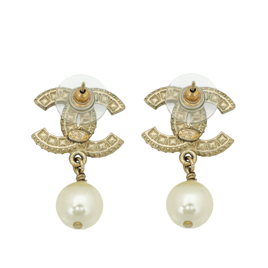 Chanel White CC Crystal Pearl Drop Earrings