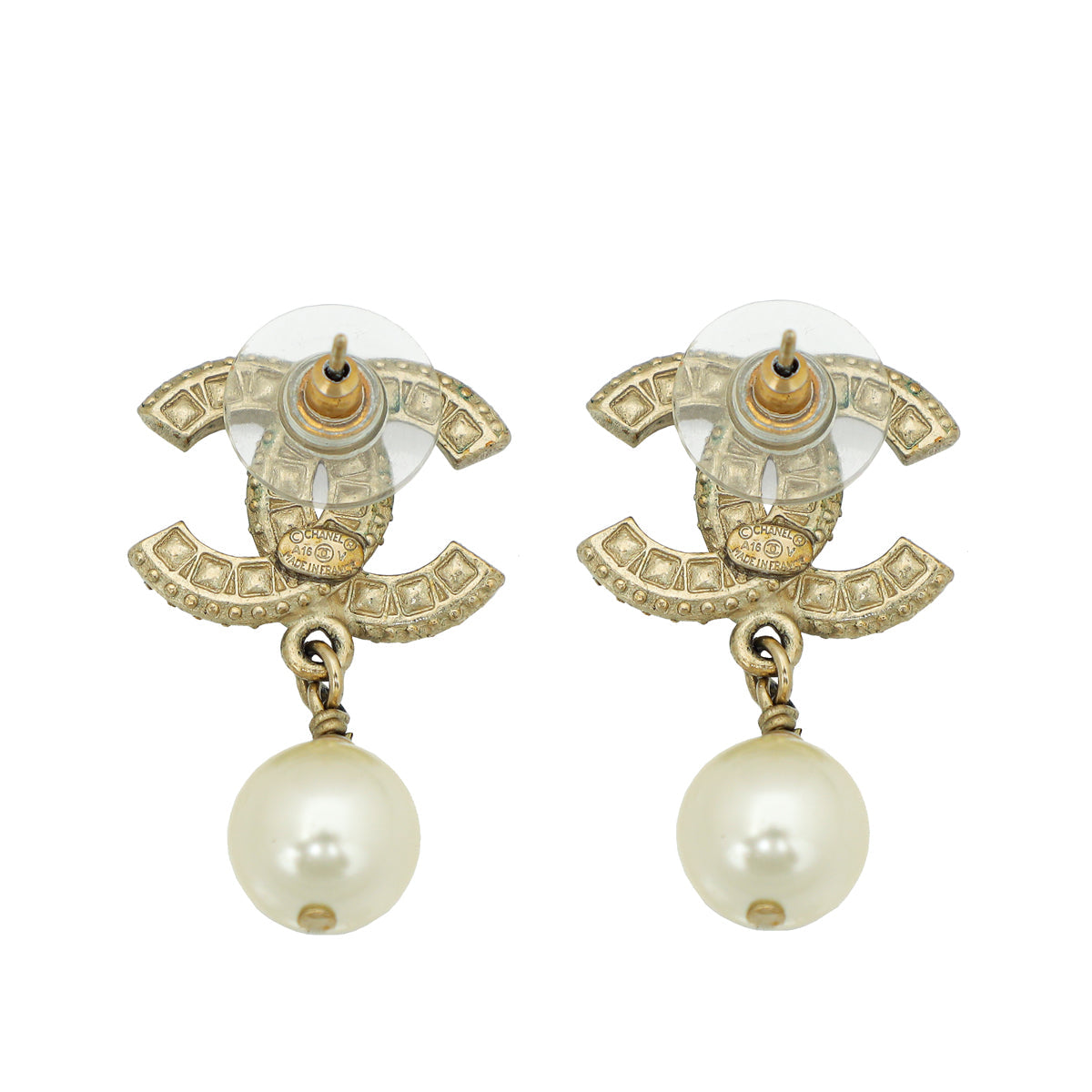 Chanel White CC Crystal Pearl Drop Earrings