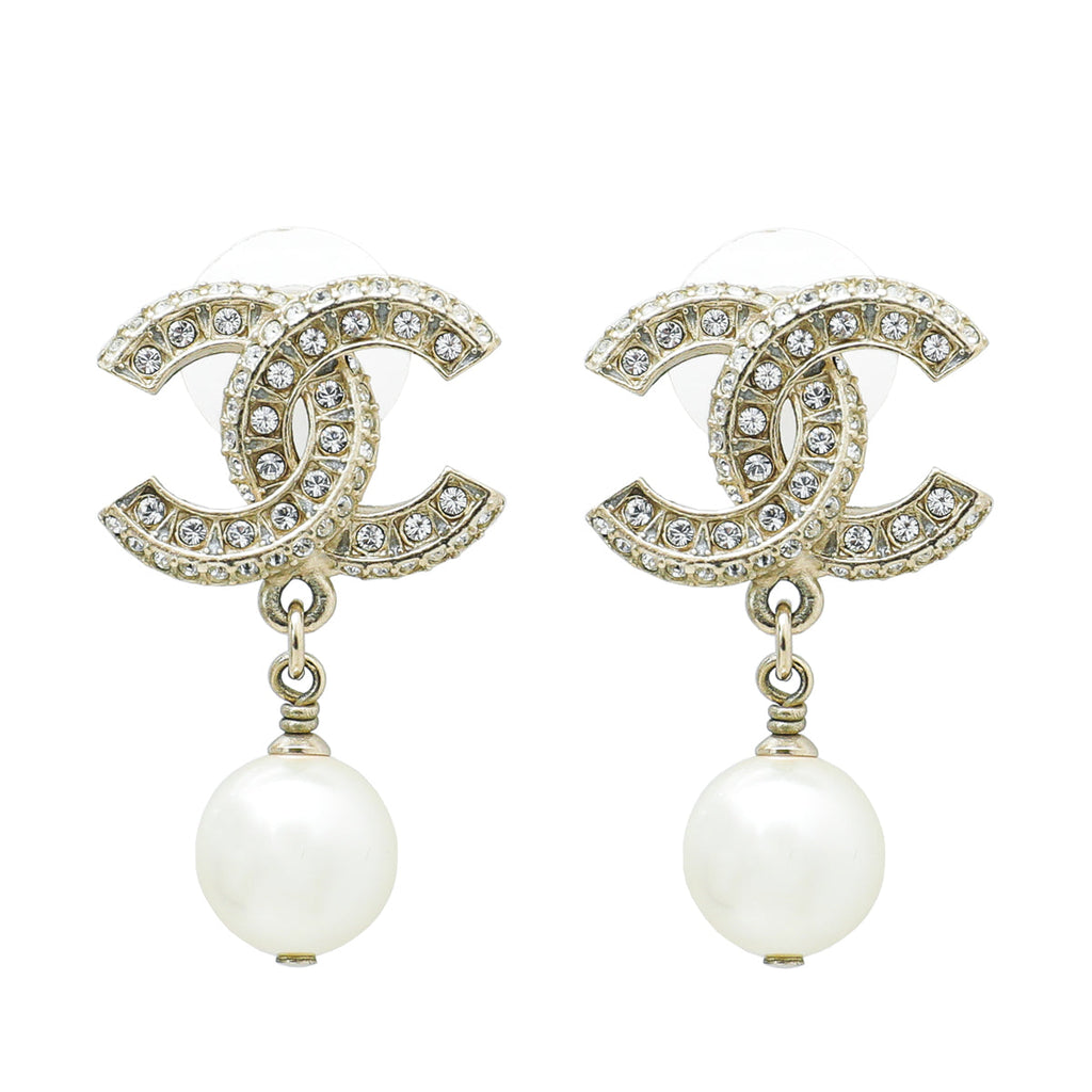 Chanel Gold CC Crystal Pearl Drop Earrings