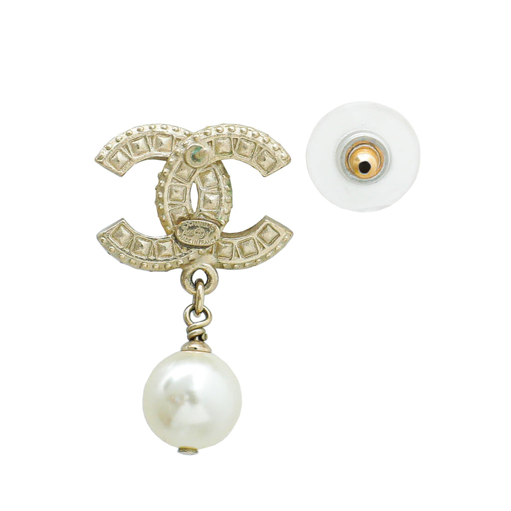Chanel Gold CC Crystal Pearl Drop Earrings