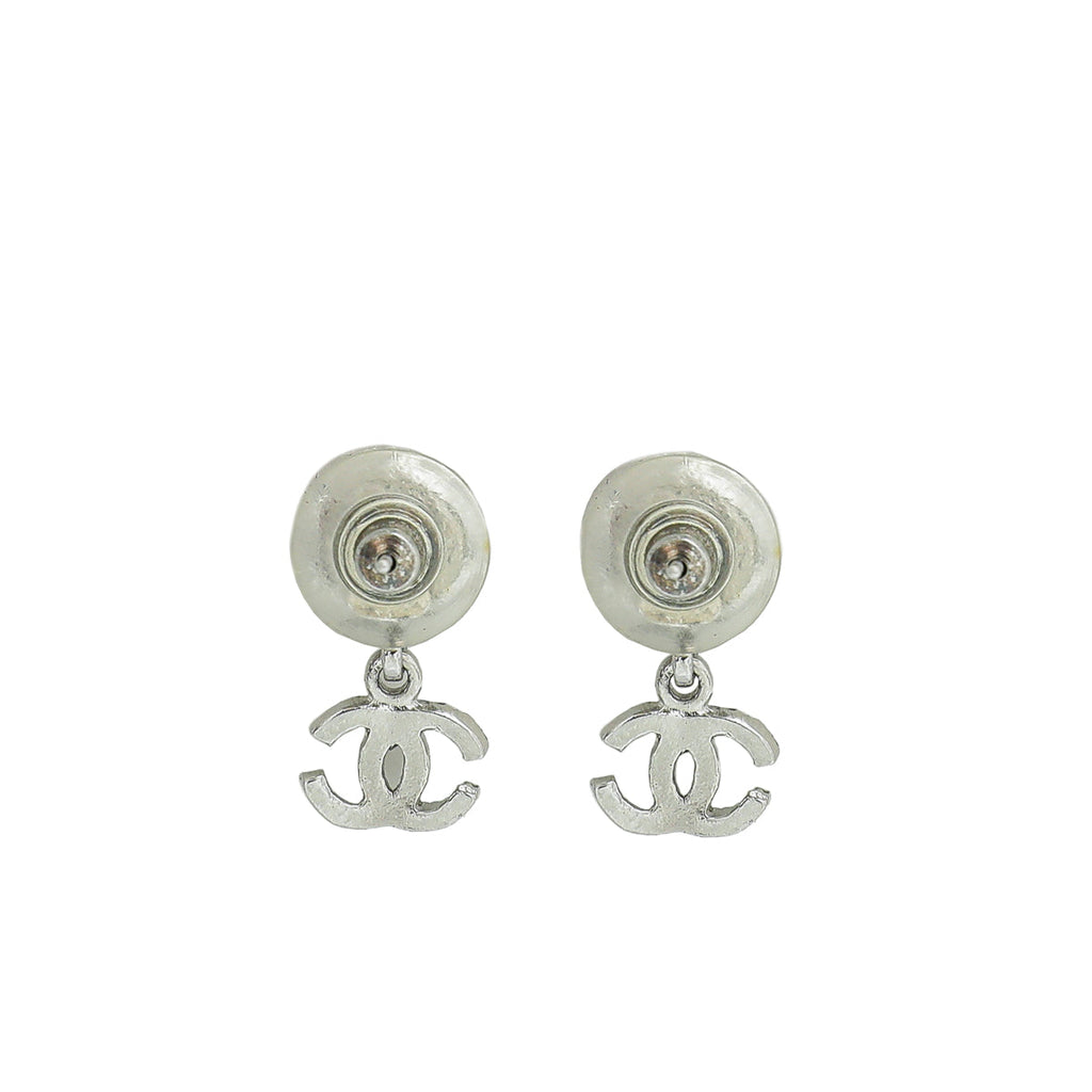 Chanel Silver CC Drop Flower Earrings