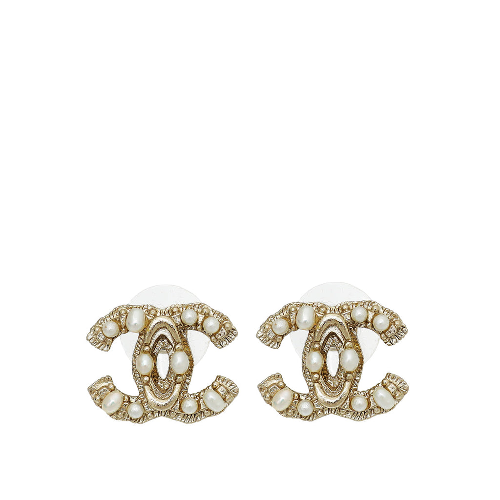 Chanel Gold CC Pearl Earrings