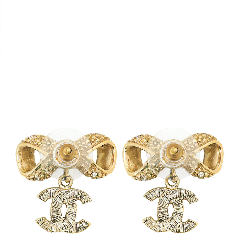 Chanel Gold Crystal CC Bow Drop Earrings