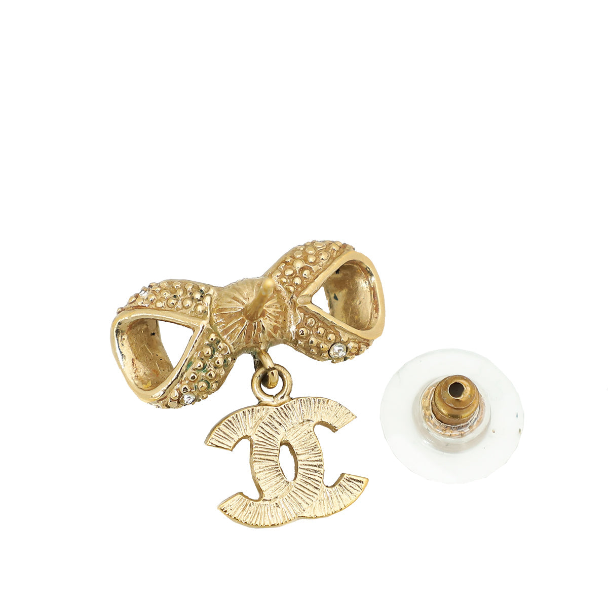 Chanel Gold Crystal CC Bow Drop Earrings