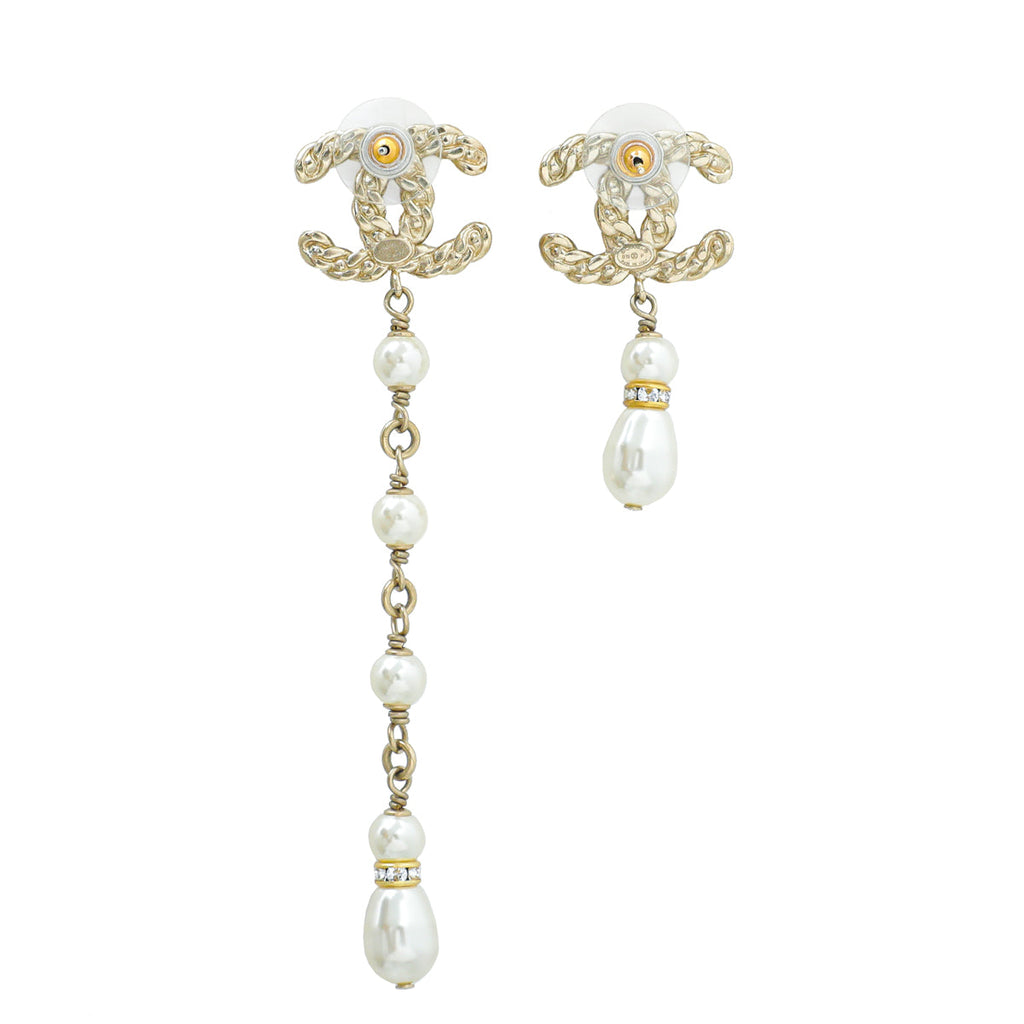 Chanel White CC Pearls Coronation Asymmetrical Earrings