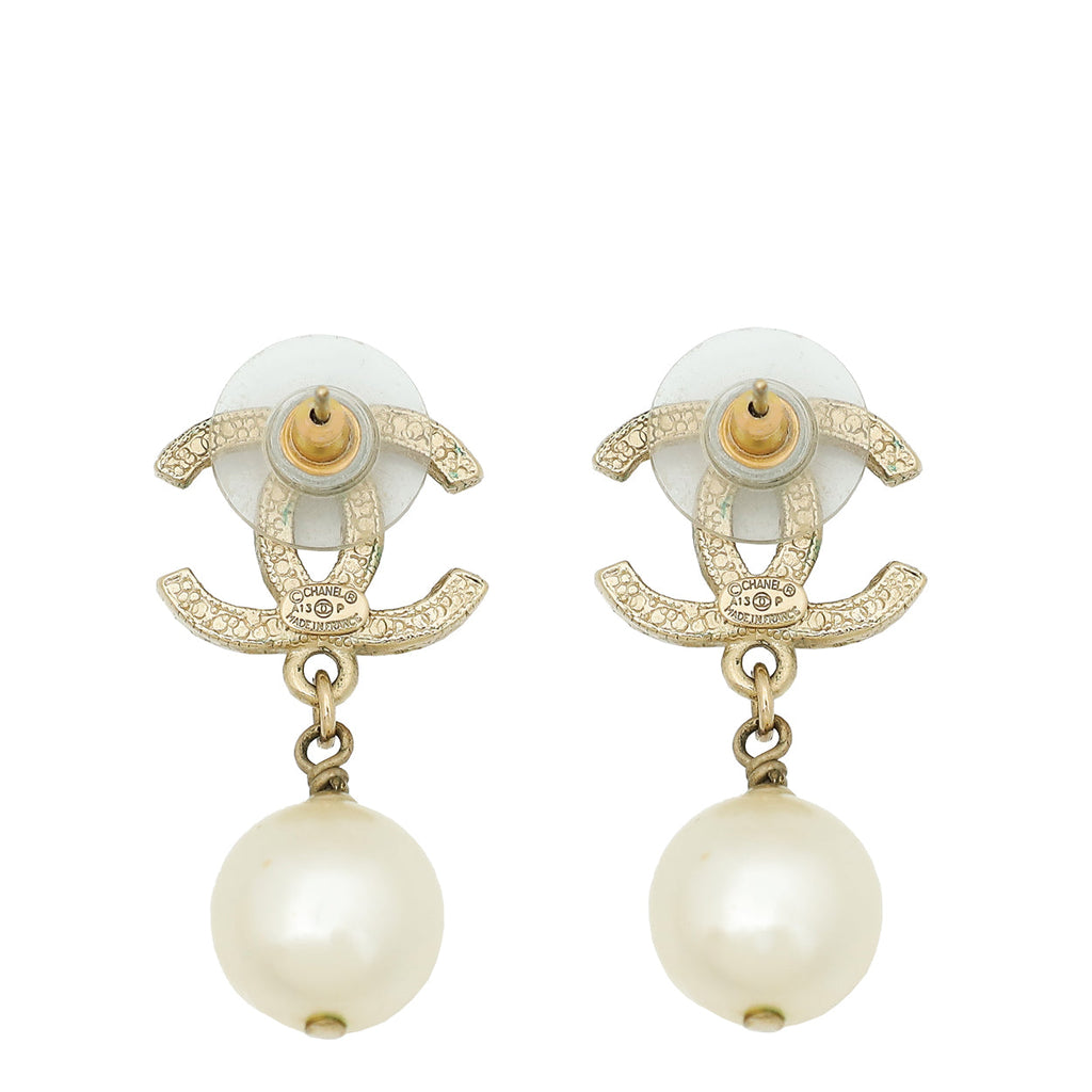 Chanel Ivory CC w/Crystal Pearl Drop Stud Earrings