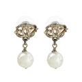 Chanel White CC Pearl Drop Leaf Earrings