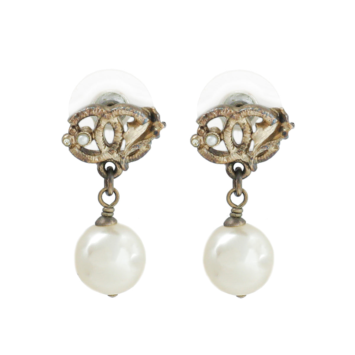 Chanel White CC Pearl Drop Leaf Earrings