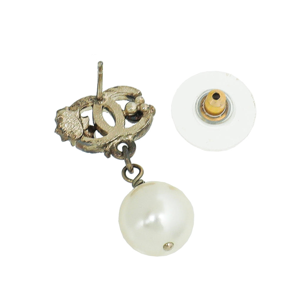 Chanel White CC Pearl Drop Leaf Earrings