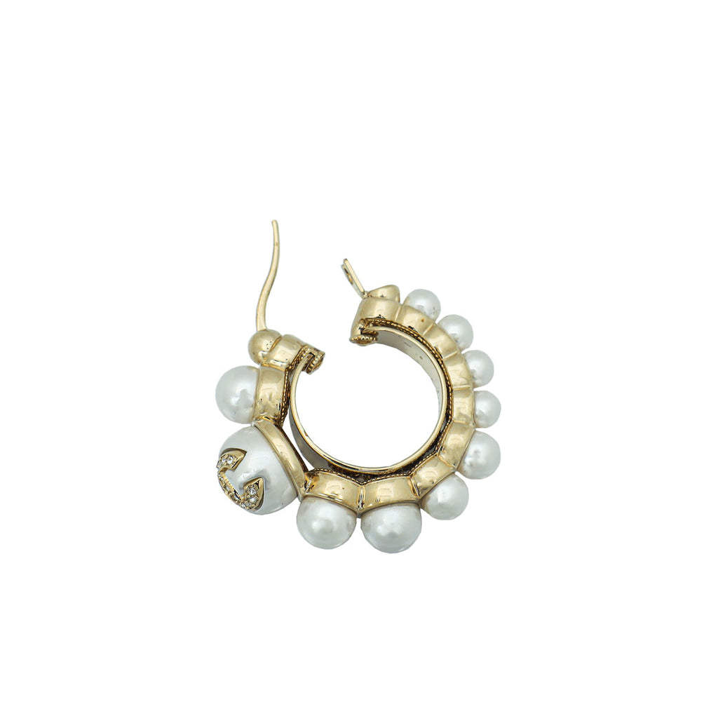 Chanel White CC Faux Pearl Hoop Earrings