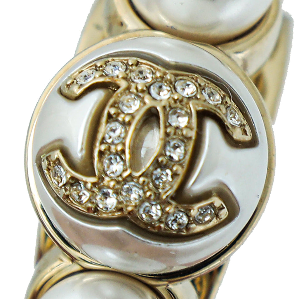 Chanel White CC Faux Pearl Hoop Earrings
