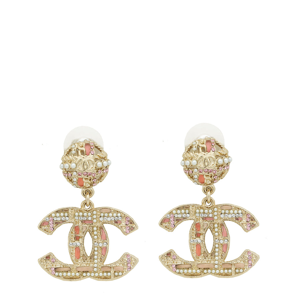 Chanel Pink CC Peads Studs Drop Earrings