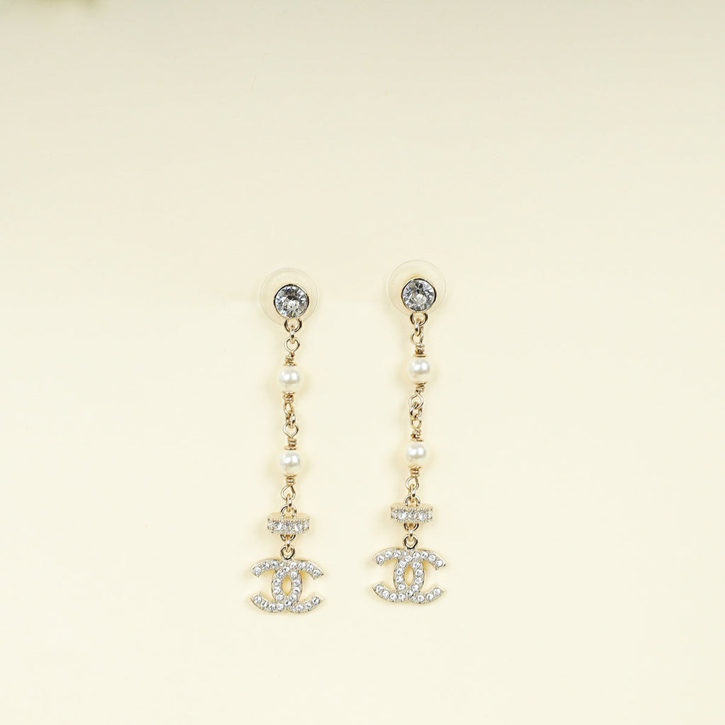 Chanel Gold CC Pearl Crystal Long Drop Earrings
