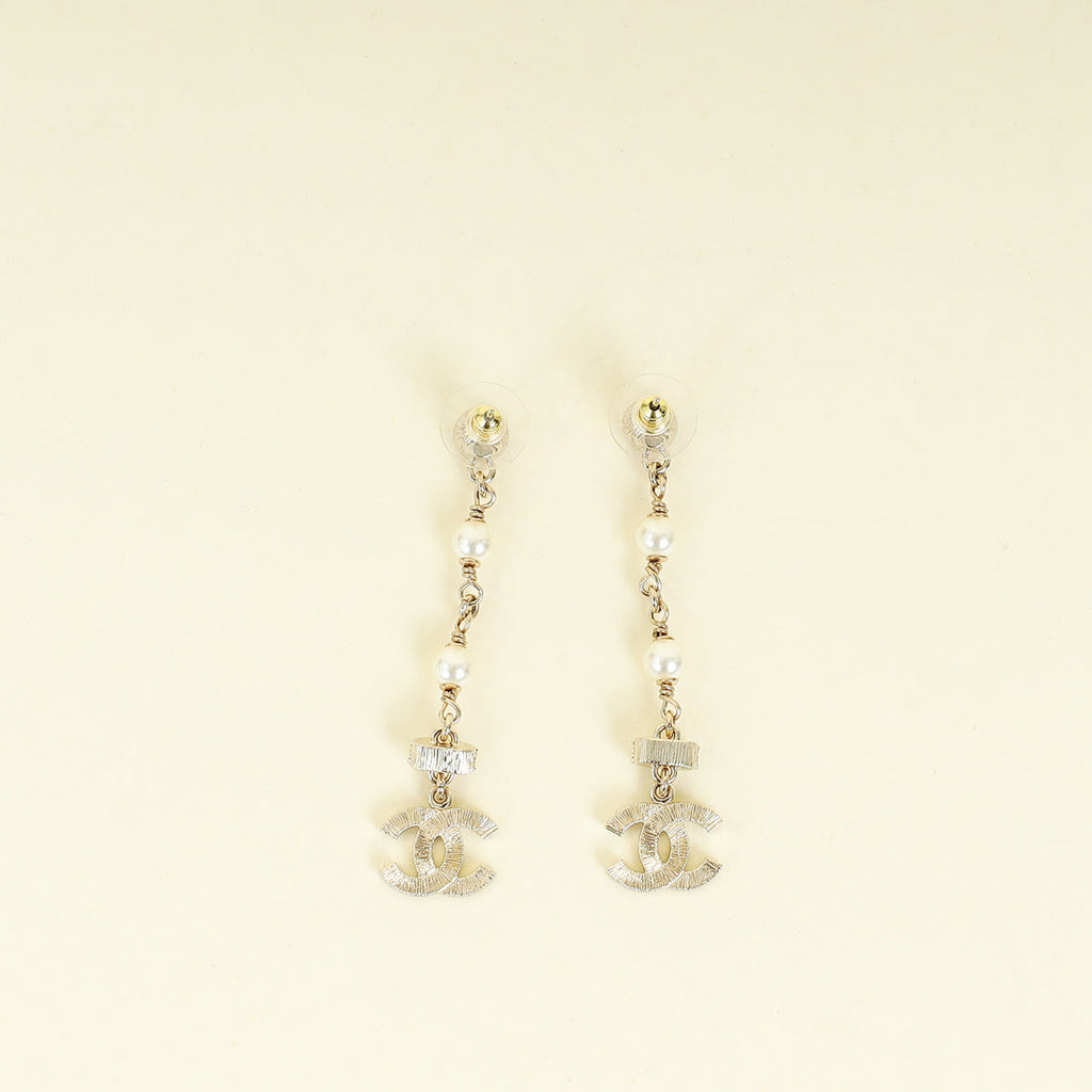 Chanel Gold CC Pearl Crystal Long Drop Earrings