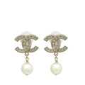 Chanel Light Gold CC Crystal Pearl Drop Earrings