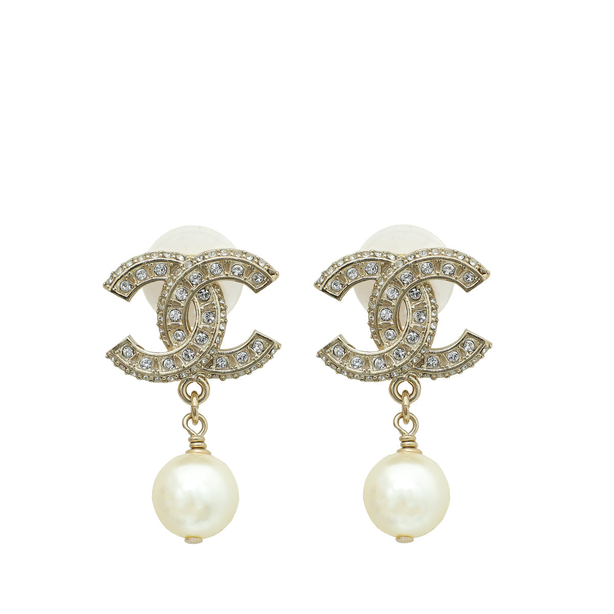 Chanel Light Gold CC Crystal Pearl Drop Earrings