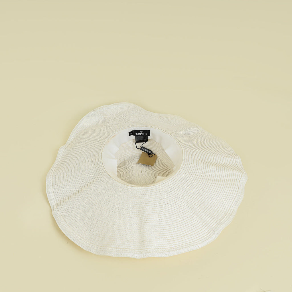 Chanel Ivory CC Straw Wide Sun Hat