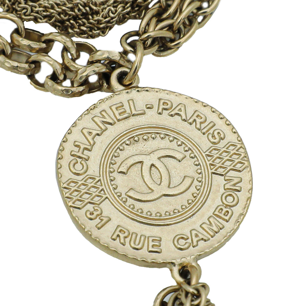 Chanel Light Gold Finish Multi Chain Medallion Long Necklace