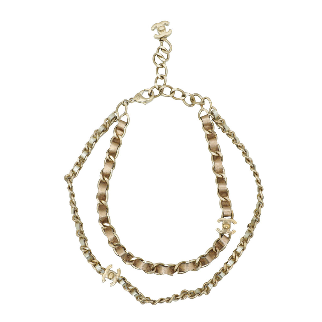 Chanel Metallic Champagne CC Turnlock Interwoven Double Chain Necklace