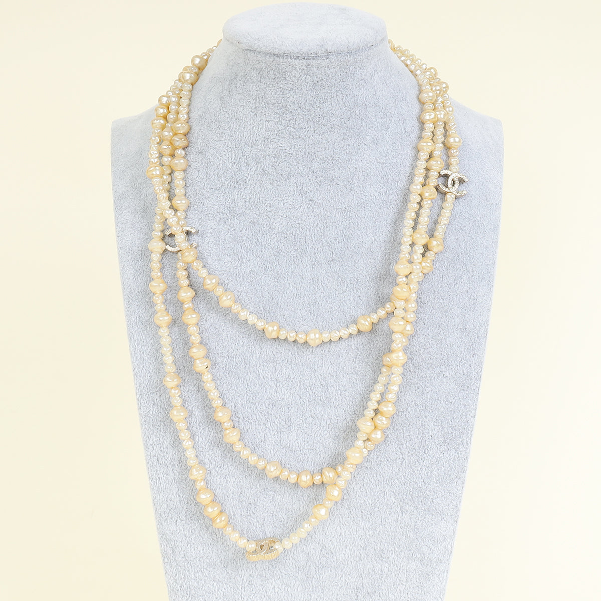 Chanel Ivory CC Pearl Baroque Pearl CC 3 Strands Necklace