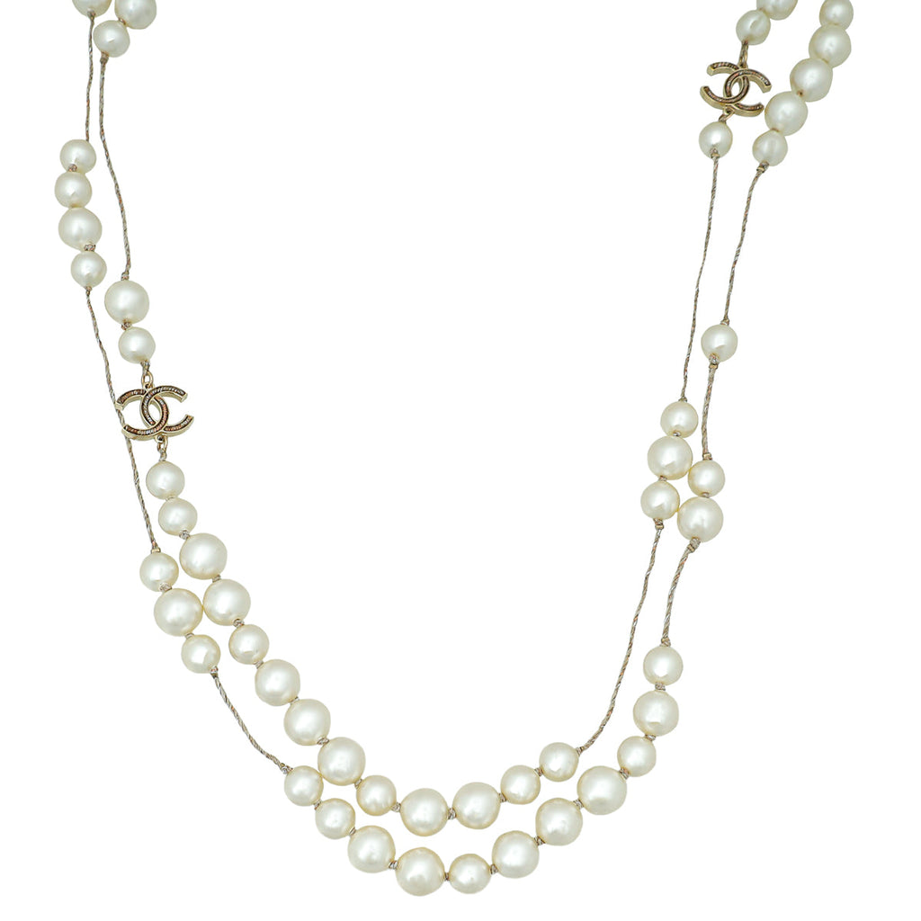 Chanel Ivory CC Pearl Cord Double Chain Necklace